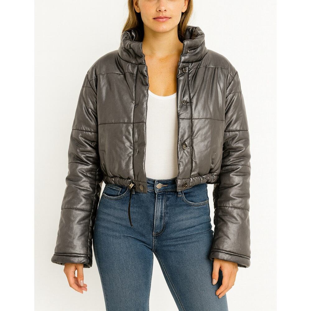 Nova Vintage Metallic Black Cropped Puffer Jacket Drawstring Hem Coat